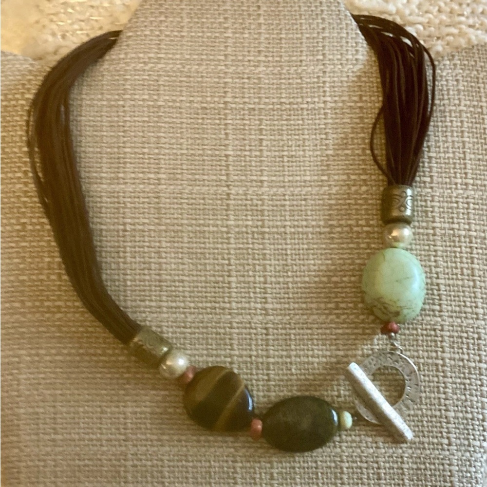 New Retired Sterling Silver, Brass Corded Necklace W/Semi Precious Stones #N1891